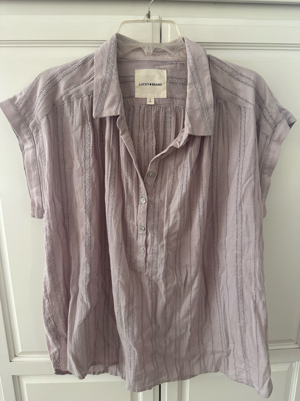 Lucky Brand 100% Cotton Pale Lavender Eyelet Button-Up Top
